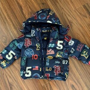 Polo by Ralph Lauren Navy Puffer Jacket with Multicolor Varsity Prints 3T